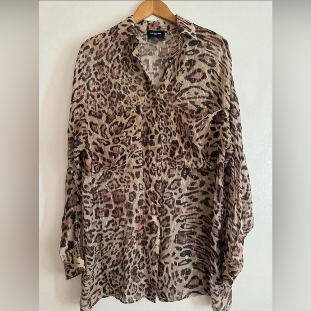 The Kooples Leopard-Print Sheer Button-Up Blouse in Brown and Black with Shimmer